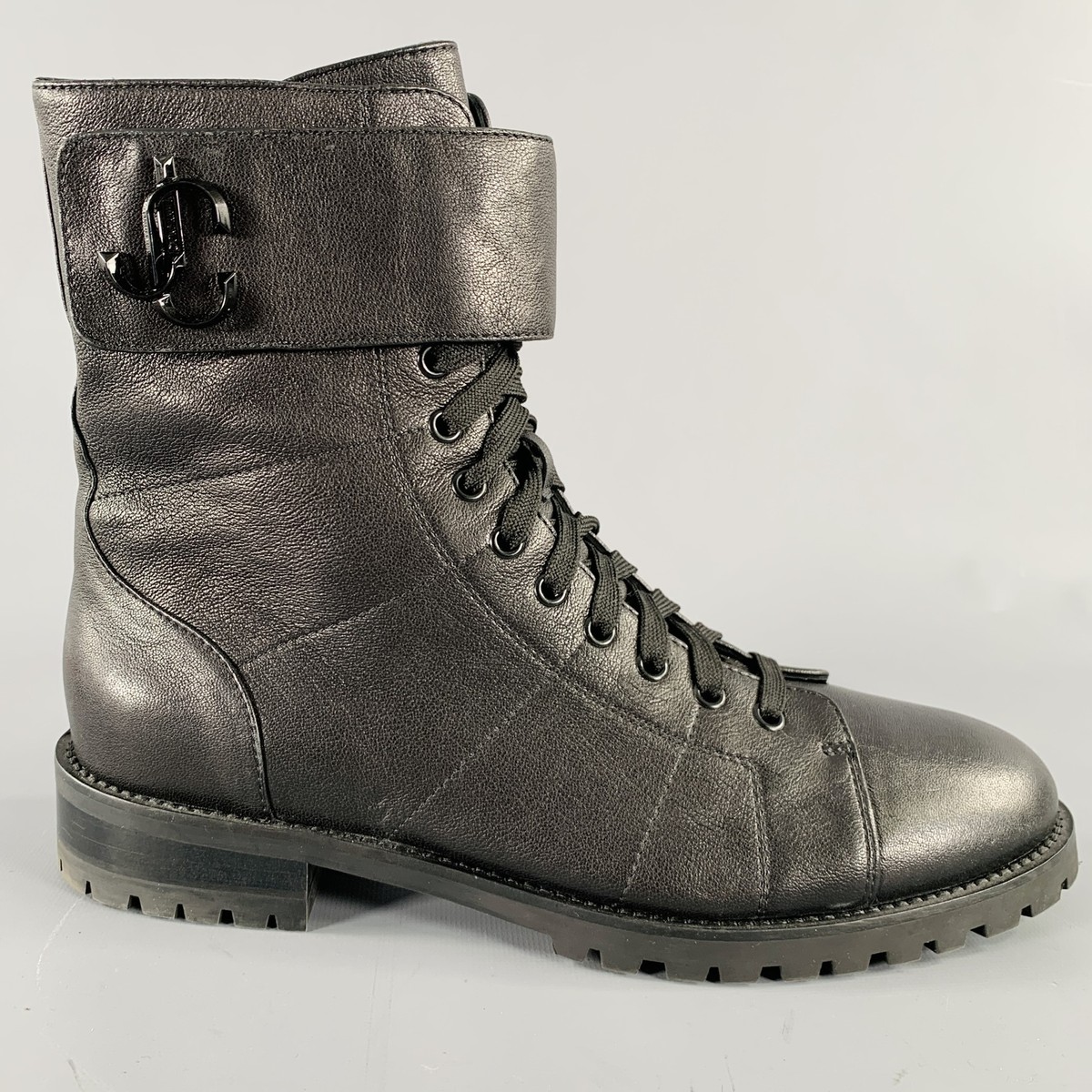 JIMMY CHOO Misura 10 Nero Pelle Zip Stivali Stringati