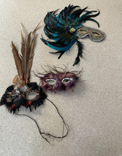 Vintage MARDI GRAS costume eye masks set of three peacock feathers from 2001