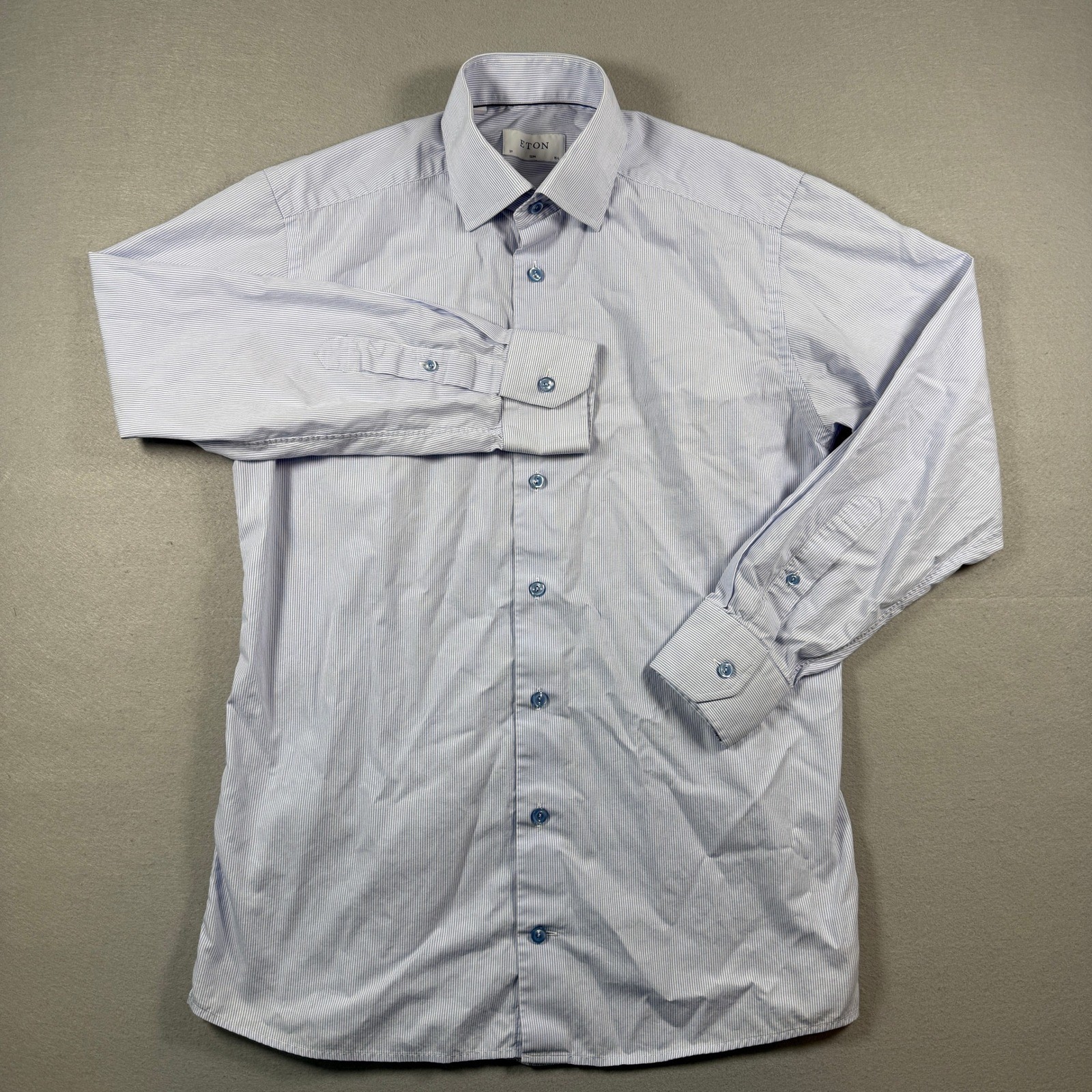 Eton Button Up Dress Shirt Mens 15.5 39  Blue White Striped Slim Fit Long Sleeve