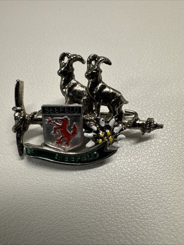 Seefeld Austria Souvenir Lapel Pin Brooch Goat Pickaxe Coat Of Arms Edelweiss