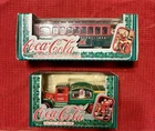 2 VINTAGE 1994 & 95 ERTL COCA COLA METAL BANK CHRISTMAS BOTTLE TRUCK AND TROLLEY