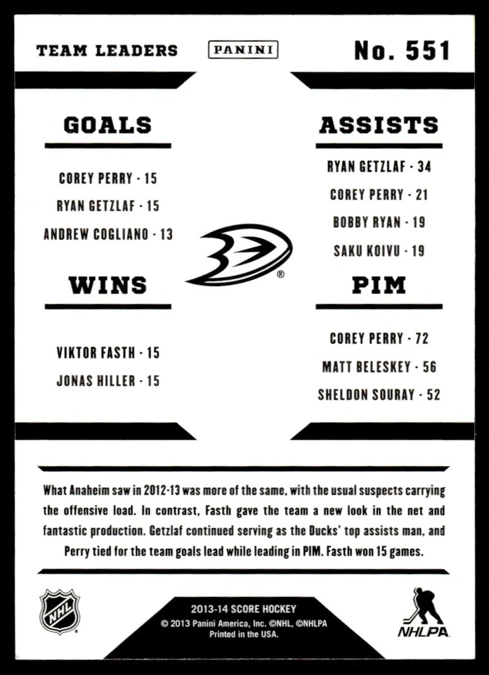 2013-14 Score Gold Corey Perry/Ryan Getzlaf/Viktor Fasth #551 - Image 2 of 2