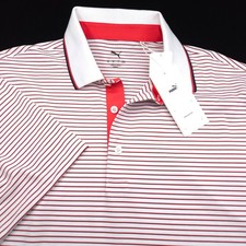 Puma Golf Polo Shirt -M Striped Red White Black Stripe Performance LISLE STRETCH