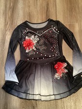 ice skating dress black and white ombre with red floral and rhinest