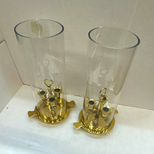 Set of 2 Vintage Brass Hurricane Candle Holders w/ Clear Glass Cylinder 15 in