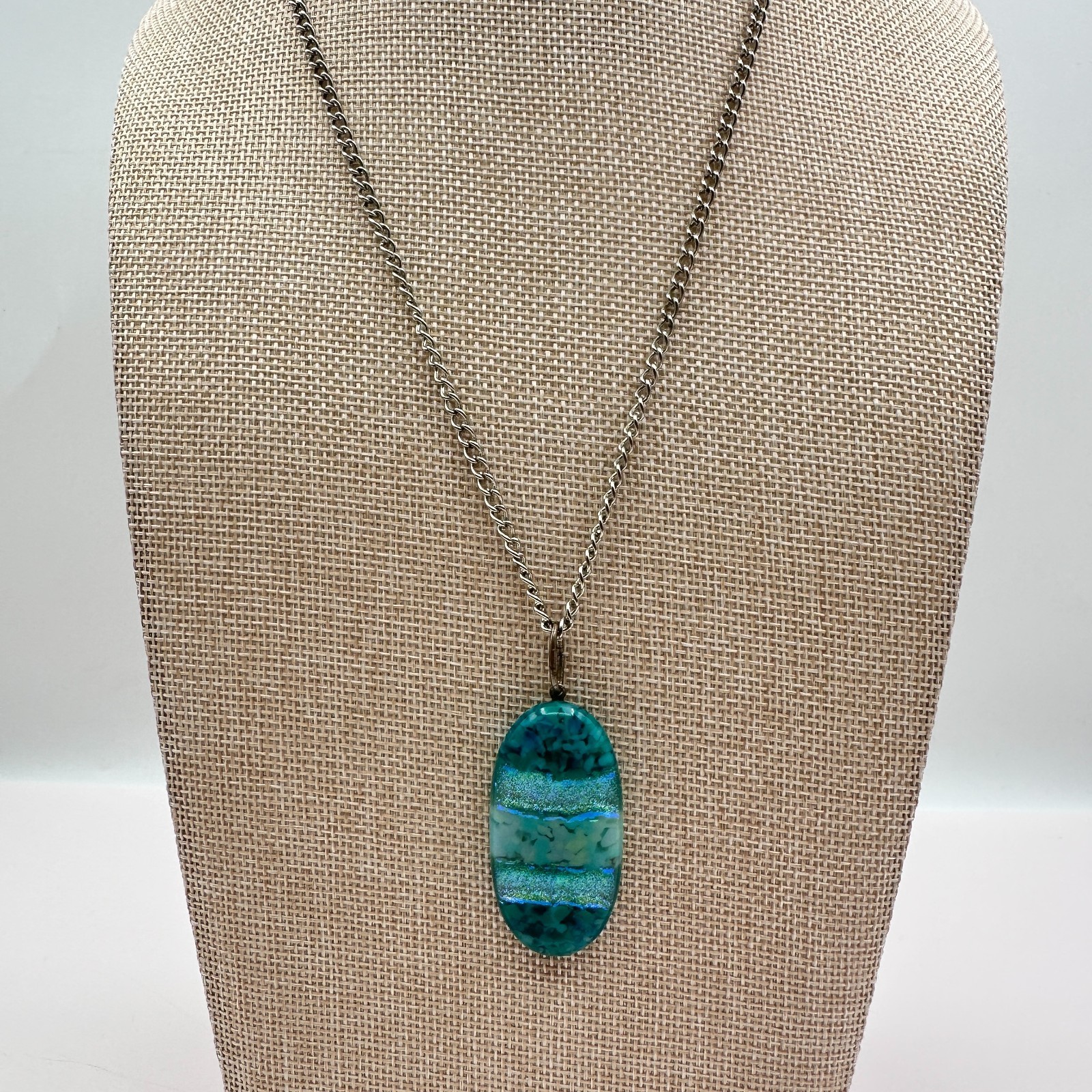Vintage 90s Dichroic Art Glass Pendant Silver Tone Necklace Boho Fashion Jewelry