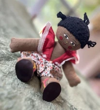 Vtg African American Black Rag Doll Handmade Folk Art Girl Yarn Hair Red Dress