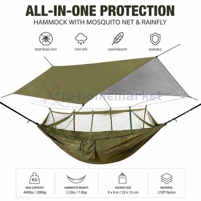 Camping Hammock Tent with Mosquito Net & RainFly, 3 in 1 Portable Hammock Green