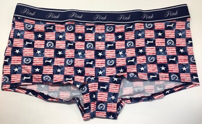 Victoria's Secret Pink Americana USA Flag Puppy Dog Boyshort Panties L XL NWT