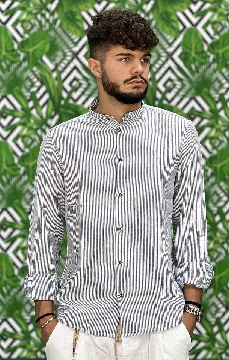 CAMICIA UOMO COREANA DI LINO RIGHE STRETTE BIANCO E BLU HAMAKI HO