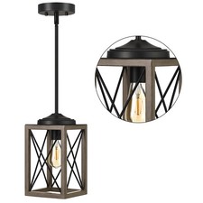 EDISHINE Farmhouse Pendant Light, Metal Hanging Light Fixture with Wooden Grain