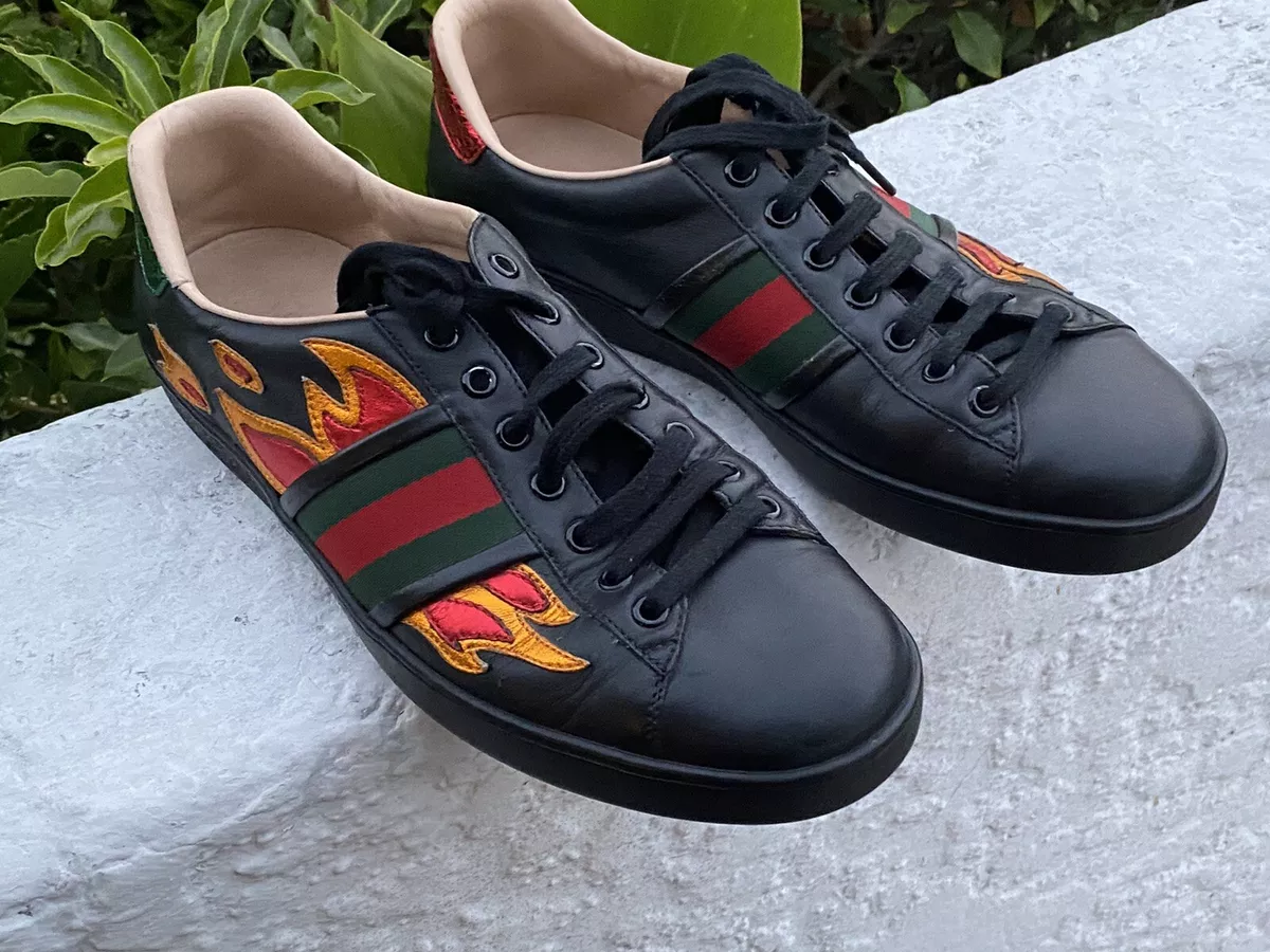 Gucci Ace Flame Black Leather Sneakers Men's 8.5