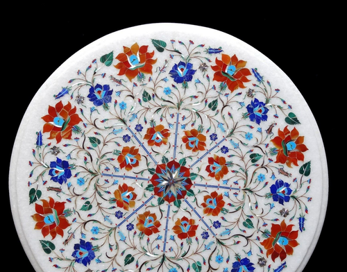 24" White Marble Coffee Table Set Lapis & Carnelian Floral Inlay Art Gift Decors - Picture 5 of 8