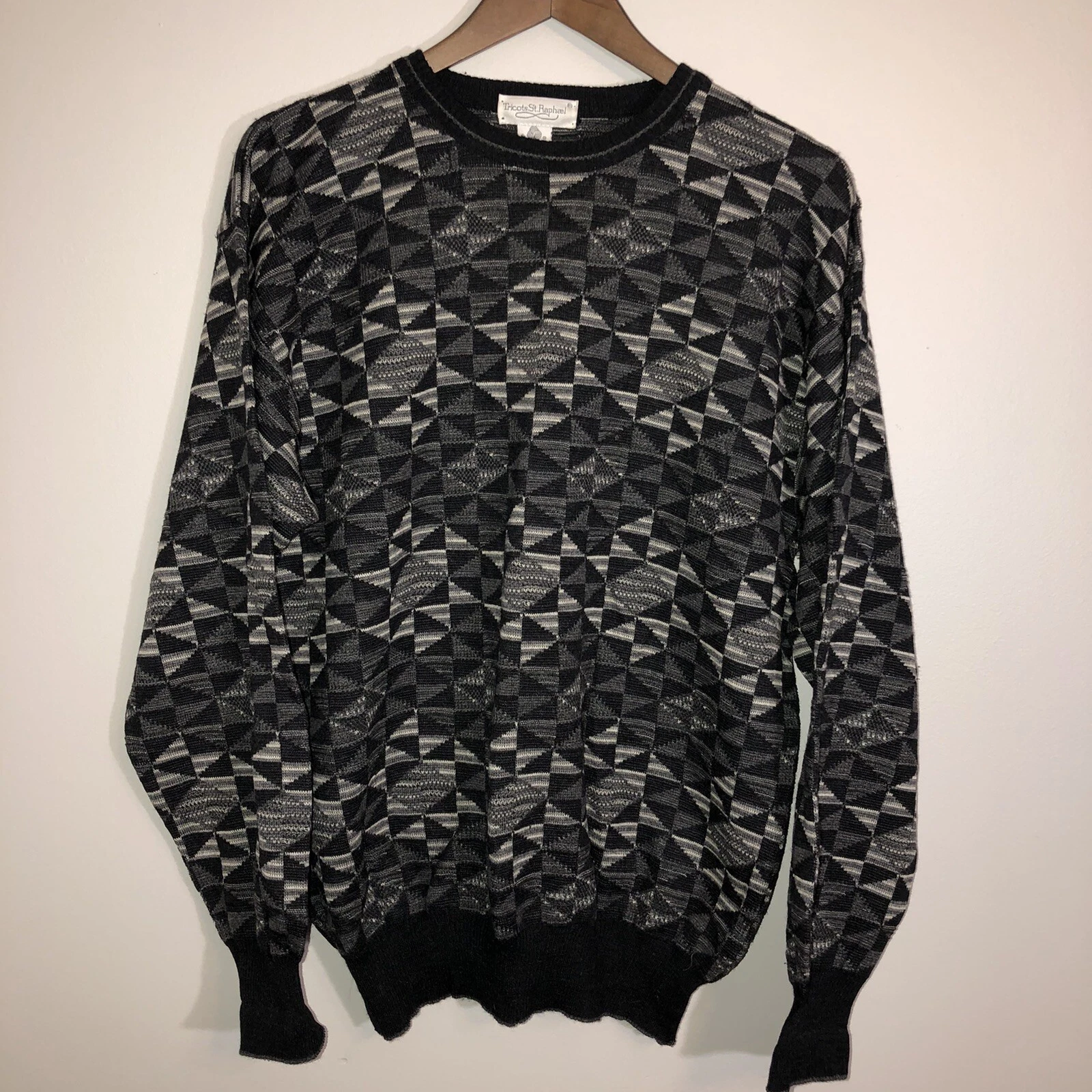 Vintage TRICOTS ST RAPHAEL Mens MEDIUM Merino Pure Wool Pullover Grey Sweater