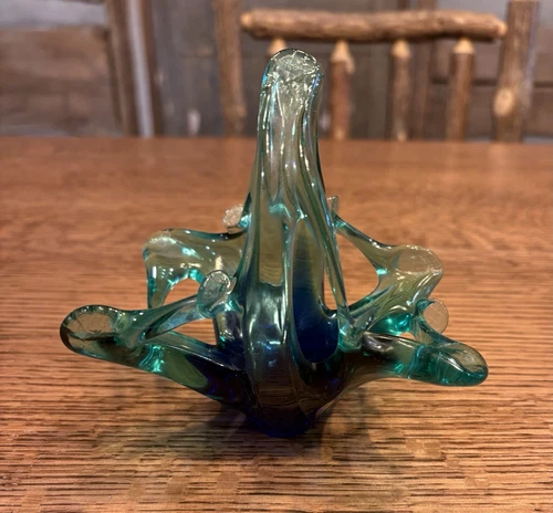 Vintage Murano candy dish with handles. Hand Blown Basket Glass Art