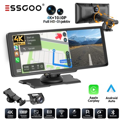 10.26'' DashCam 4K DVR Auto-Videorecorder BT WiFi Wireless CarPlay Android Auto