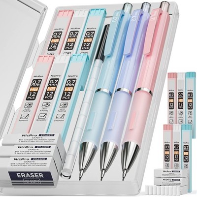 Nicpro 3PCS Cute Mechanical Pencil Set with Case, 0.7 0.7, Blue, Pink, Purple