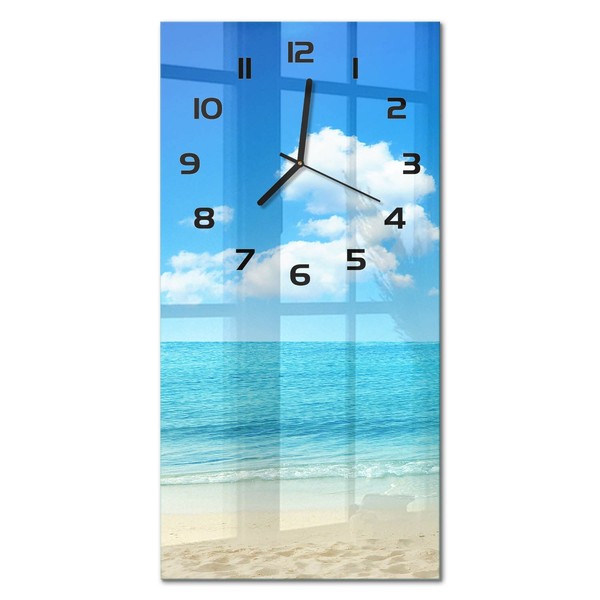 Wanduhr Aus Glas Glasuhr Im Hochformat Paradiesstrand Schwarze Zeiger 30X60 Cm-image