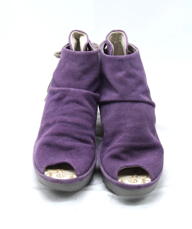 Fly London Yema 露趾楔形女式 40 码美国 9-9.5 紫色系带鞋波西米亚 — 第 2/4 张图片
