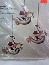 Vtg Bucilla 1878 Rocking Horse Santa Set 3 Felt Christmas Ornament Kit Jeweled