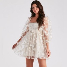 Windsor Ivory Floral Dress with Sheer Sleeves size L NWT