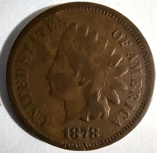 1878 Indian Head Cent Penny, US 1c Copper Type Coin, VG