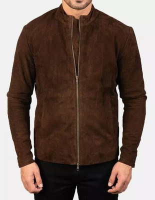 Men's Charcoal Brown Mocha Suede Jacket Genuine Lambskin Slim Fit Biker Jacket