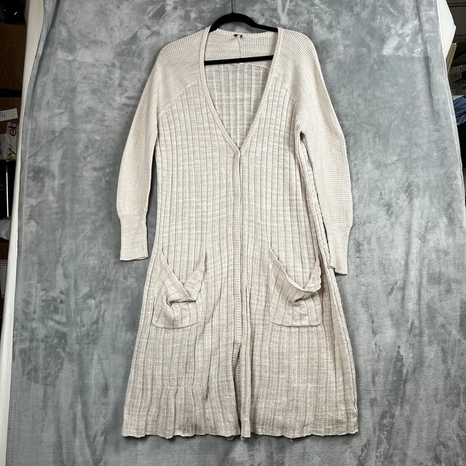 Free People Women Duster Cardigan Shadow Ribbed Knit Longline Pink Pale  Boho M - Image 3 of 4