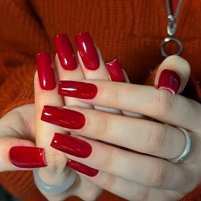 24pcs-Deep Red Press On Nails, Extra Long Square Shiny Acrylic False Nails