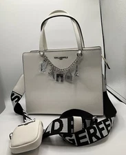KARL LAGERFELD CHARMS MAYBELLE WINTER WHITE SATCHEL CROSSBODY TOTE PURSE T04213