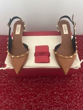 Valentino Garavani Rockstud Slingback Heels Brown Leather Gold Stud Pumps 37