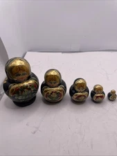 Vintage Wooden Russian Nesting Dolls - 5 Doll Set, Hand Painted & Signed