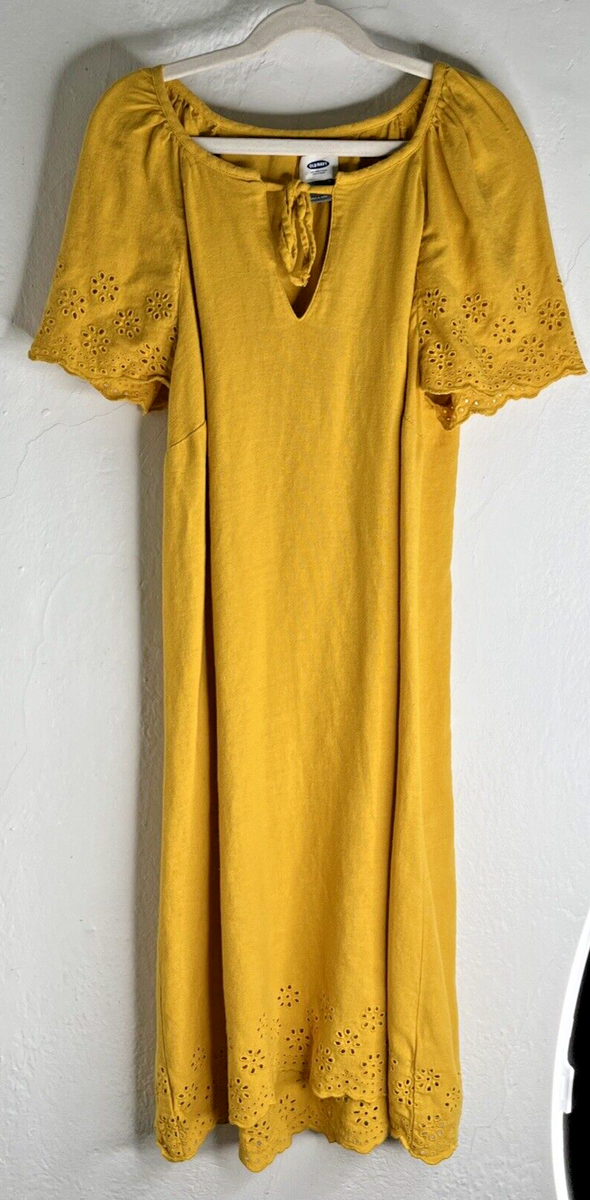Old Navy Midi Shift Festival Dress Sz S Mustard Yellow Linen Blend Eyelet