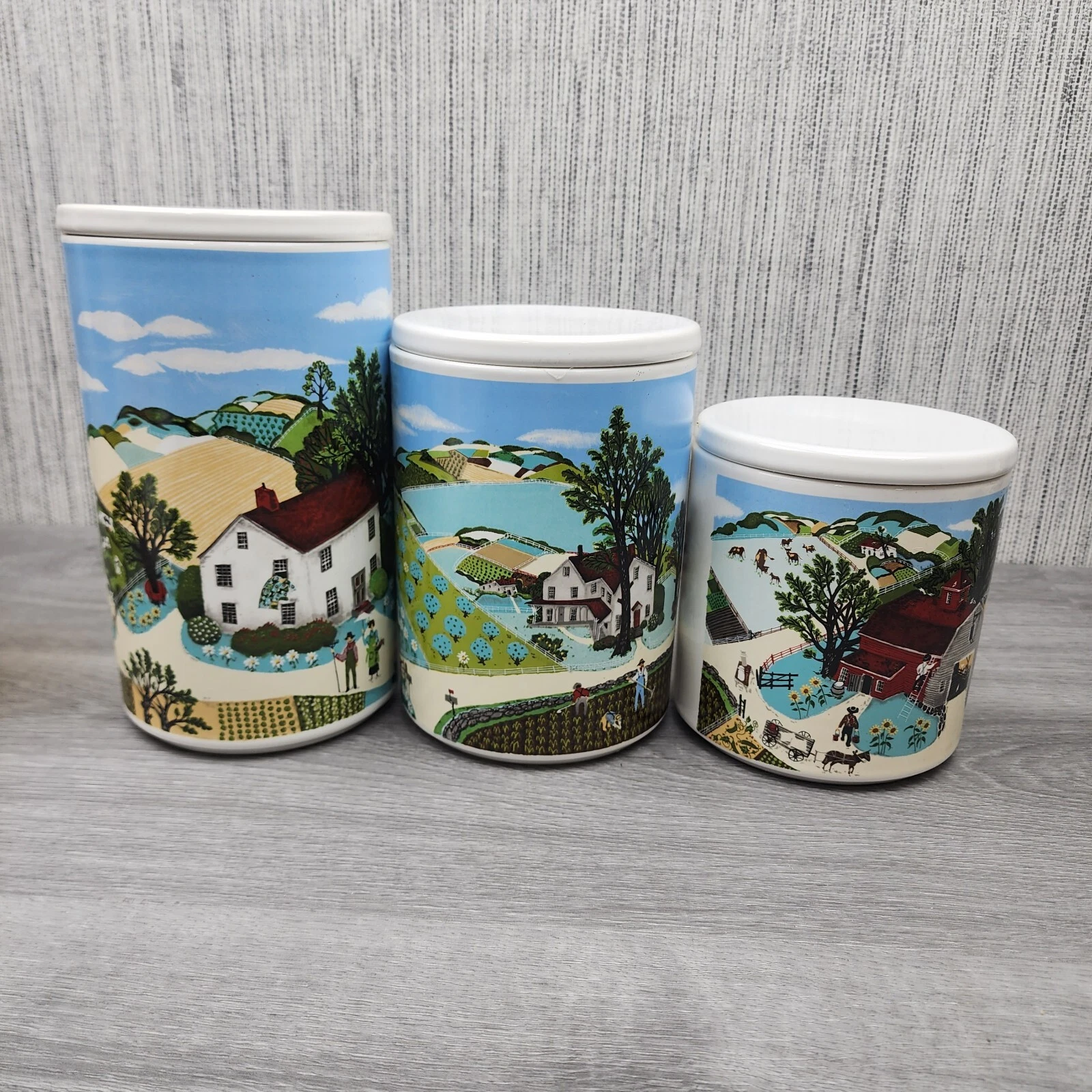 Vintage Set (3) Ceramic Canisters w/ Lids Pfaltzgraff Avon Country Village Farm