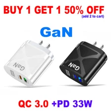 65W GaN Charger USB QC 3.0  PD 33W Fast Charge Adapter for iPhone iPad  Samsung