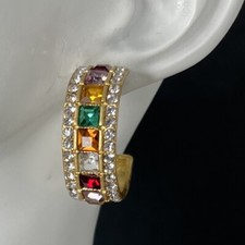 Rainbow Crystal Half Hoop Earrings Gold Tone Pierced Post Colorful Huggie Dangle
