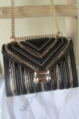 NEW MICHAEL KORS Limited Edition BLACK LEATHER FLAP w GOLDEN CHAINS X-BODY
