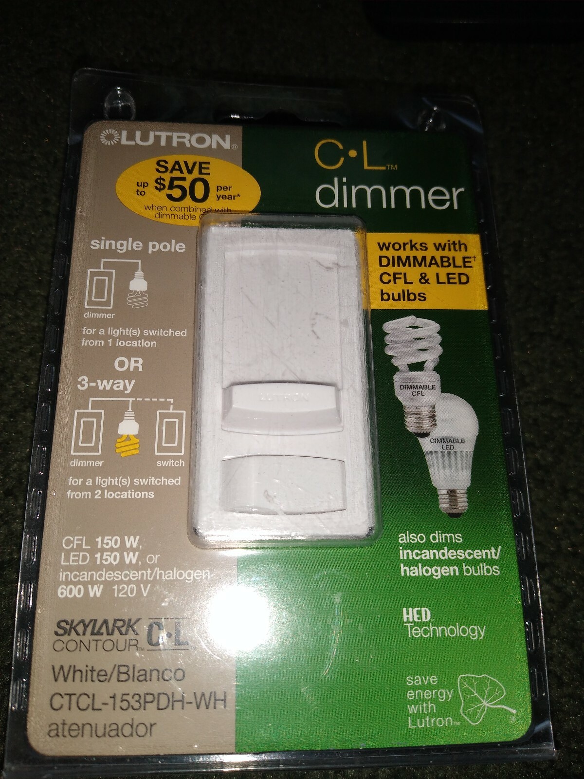 Lutron Skylark C/L Light Dimmer Switch CTCL153PDHWH White LED CFL