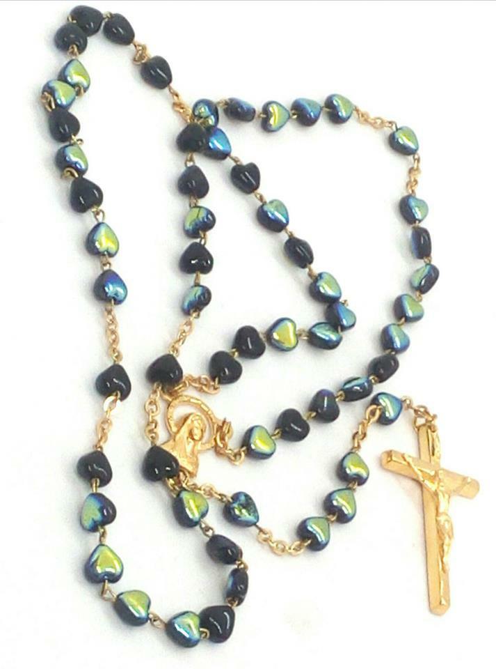 Black Heart-Shaped Rosary Beads -Gold-tone- Made in Italy - Stamped Italy