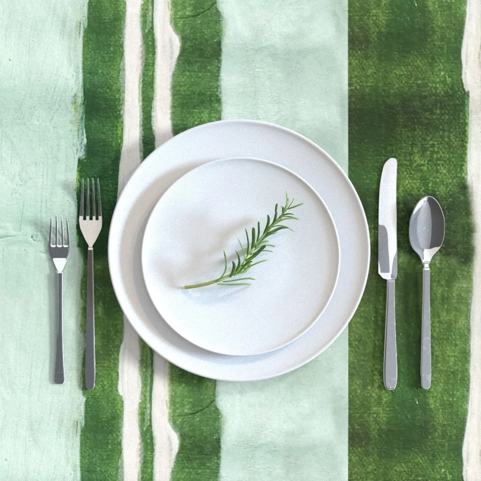Szepviz Stripe Hand Painted Stripes Green - White Hand Drawn Printed Tablecloth - Image 2 of 4