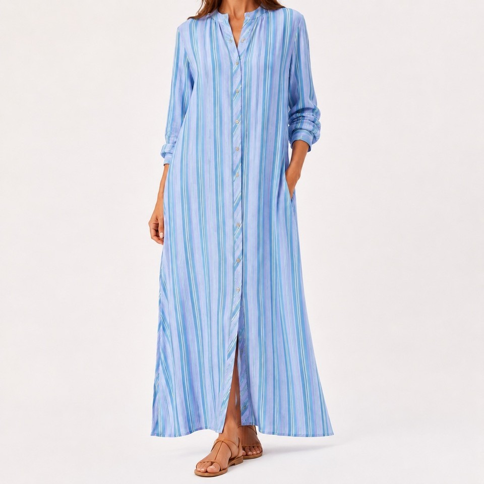 Sussan Blue Stripe Maxi Shirt Dress Size 12 100% Viscose Button Front