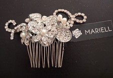 Mariell Silver Tone Ivory Pearl  Crystal Floral Bridal Hair Comb Accessory