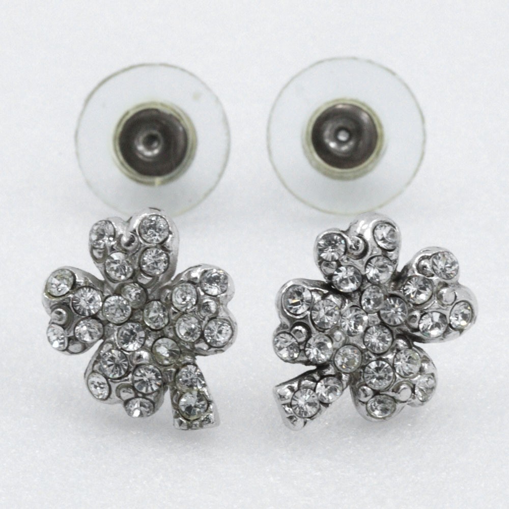 CHANEL Clover Earrings with Rhinestones Silver Women's Excellent thumbnail 4