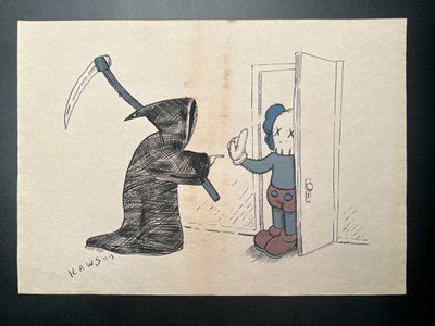 KAWS (Handmade) Zeichnung auf altem Papier signiert Mischtechnik, Vintage Kunst