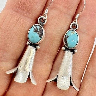 Navajo Turquoise Squash Blossom Dangle Earrings Sterling 1 5/10'' by R Martinez