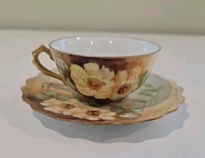 Antique Limoges Tea Cup & Saucer Plate Flowers Gold Edges Signed