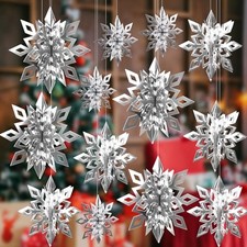 12 Pieces 3D Silver Snowflake Hanging Garland, Christmas Iridescent Paper