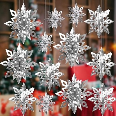  12 Pieces 3D Silver Snowflake Hanging Garland, Christmas Iridescent Paper 