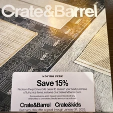Crate and Barrel 15% coupon expires 1/31/26