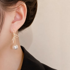 Wicked Silk Elegant Classy Jeweled Bow and Pearl Dangling Earrings